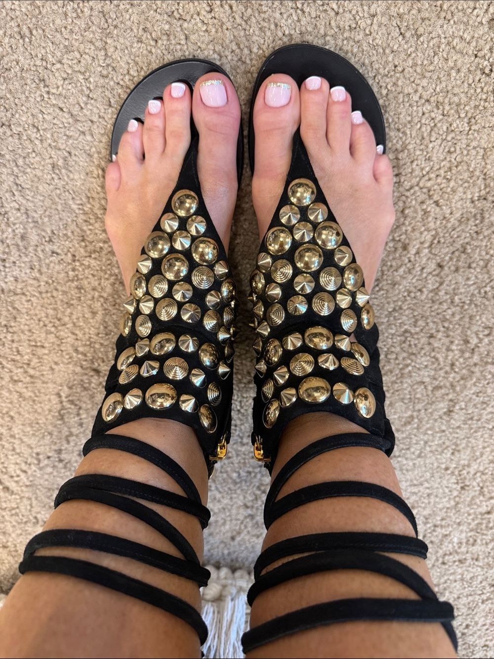 Giuseppe Zanotti Gold Studded Suede Gladiator Sandals Black Size 37.5 lace up - Picture 3 of 12